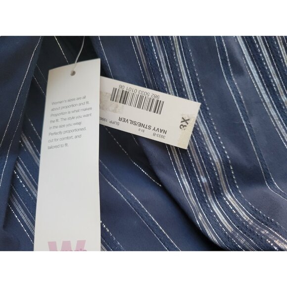 Ana Womens Top 3X Plus Long Sleeve Button Up Blue Silver Metallic STR107E - Picture 9 of 10